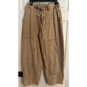 Women's AMERICAN BAZI Tan Wide Leg Barrell Pants with Drawstring